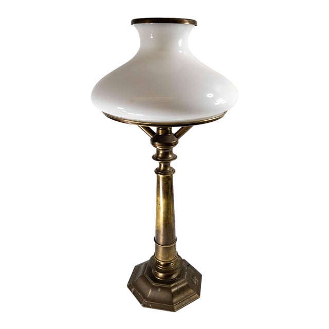 1970's Ethan Allen Brass Sinumbra Astral Lamp Style Table Lamp With White Glass Shade For Sale