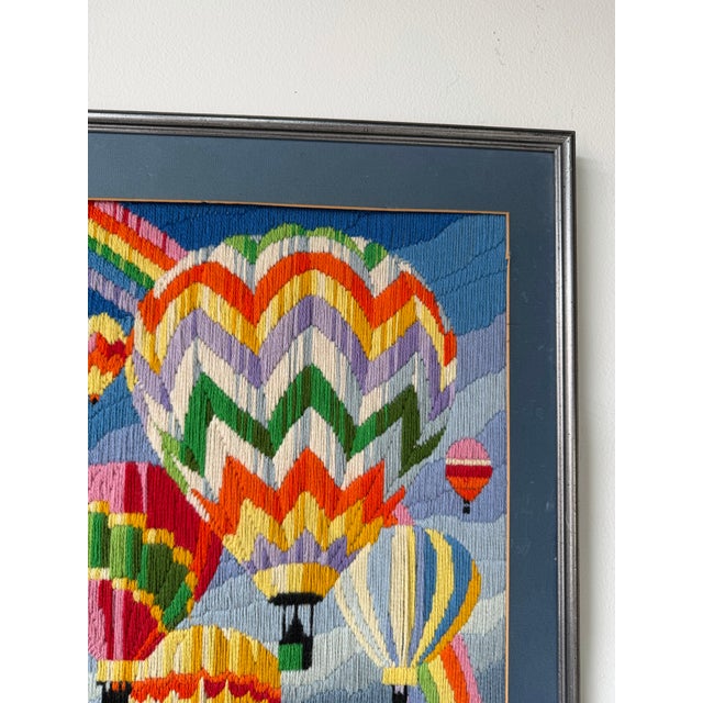 1980s 1982 Vintage Needlepoint Hot Air Balloon & Rainbow Artwork – Framed For Sale - Image 5 of 12