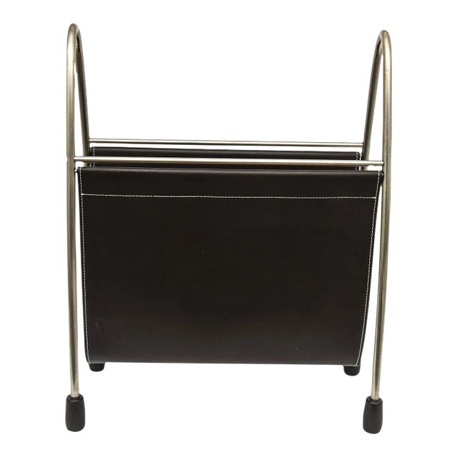 Modern Swing Brown Stiched Leather, Stainless Steel and Rubber Feet Magazine Stand For Sale