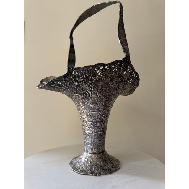 Victorian Silver-Plated Bride’s Basket With Reticulated Rim & Repousse Decoration, C. 1880s — Monogrammed “A” For Sale - Image 9 of 9