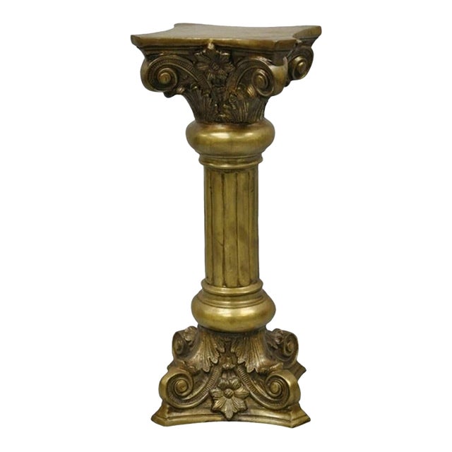 Vintage Neoclassical Brass Bronze Corinthian Column Pedestal Plant Stand For Sale