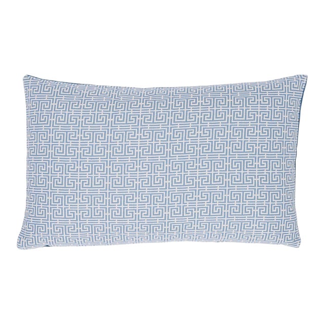Schumacher Chinois Fret 20" Lumbar Pillow in Sky & Ivory For Sale