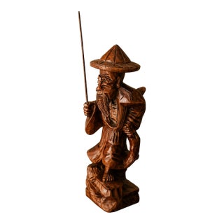 Vintage Mid-Century Hand Carved Wooden Chinese Fisherman Figure Asian Decor For Sale