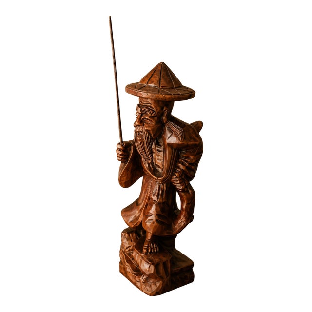 Vintage Mid-Century Hand Carved Wooden Chinese Fisherman Figure Asian Decor For Sale