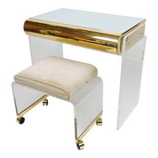 1980s Mid-Century Modern Lucite Vanity and Stool by Hill Manufacturing - Set of 2 For Sale