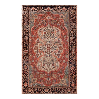 1890s Red Floral Medallion Antique Sarouk Farahan Rug 4'6" X 7'0" Handknotted Wool Carpet For Sale
