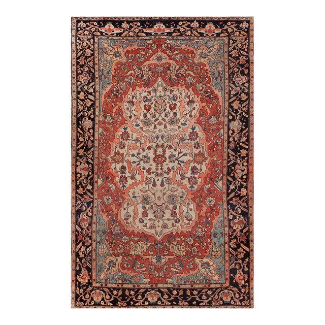 1890s Red Floral Medallion Antique Sarouk Farahan Rug 4'6" X 7'0" Handknotted Wool Carpet For Sale