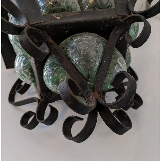 Green Gothic Spanish Revival Wrought Iron & Green Glass Hanging Lantern For Sale - Image 8 of 10