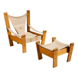 Set of Easy Chair and Ottoman in Pinewood and Canvas by John De Haard, Netherlands, 1960s For Sale