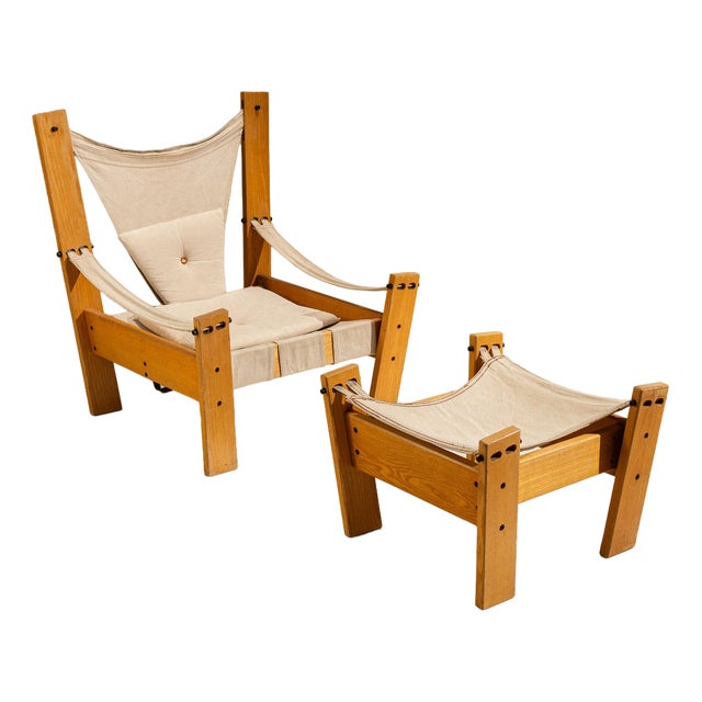 Set of Easy Chair and Ottoman in Pinewood and Canvas by John De Haard, Netherlands, 1960s For Sale