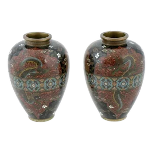 Antique Pair of Early Meiji Japanese Cloisonne Enamel Dragon Crane Butterfly Vases Attributed to Honda