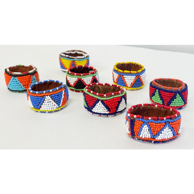 Early 20th Century Vintage Patterned Seed Bead on Leather Napkin Rings, Set of 8 For Sale - Image 5 of 5