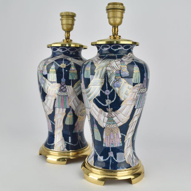 Royal Blue 1980s Tassel Decorated set of Chinese Porcelain Table Lamps For Sale - Image 8 of 9