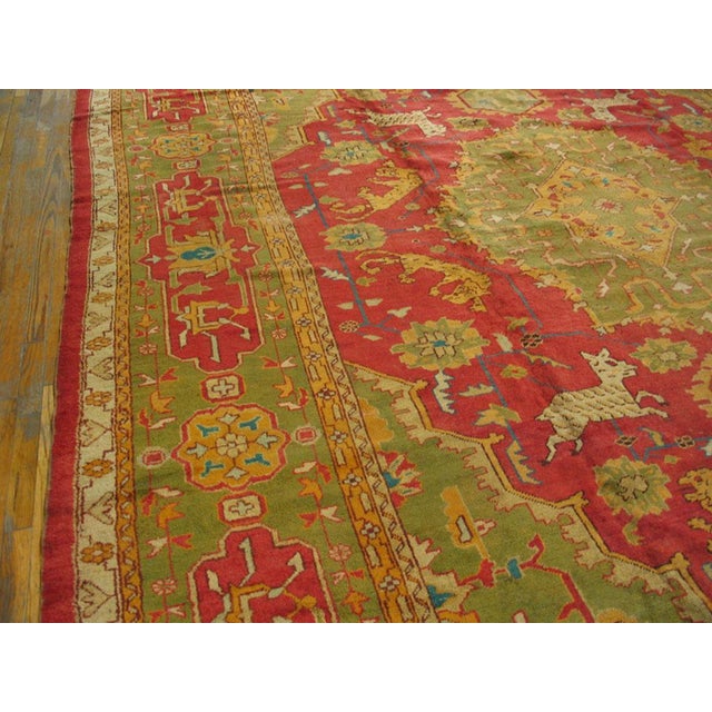 Early 20th Century 1900s Green Red Animalistic Antique Turkish Oushak Rug 11' 8"x 16' 3" Handknotted Wool Carpet For Sale - Image 5 of 7