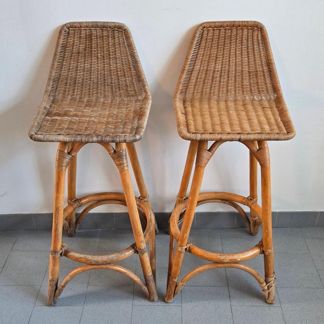 Mid-Century Modern Vintage Rattan and Bamboo Bar Stools by Dirk van Sliedgert, 1950s, Set of 2 For Sale - Image 3 of 15