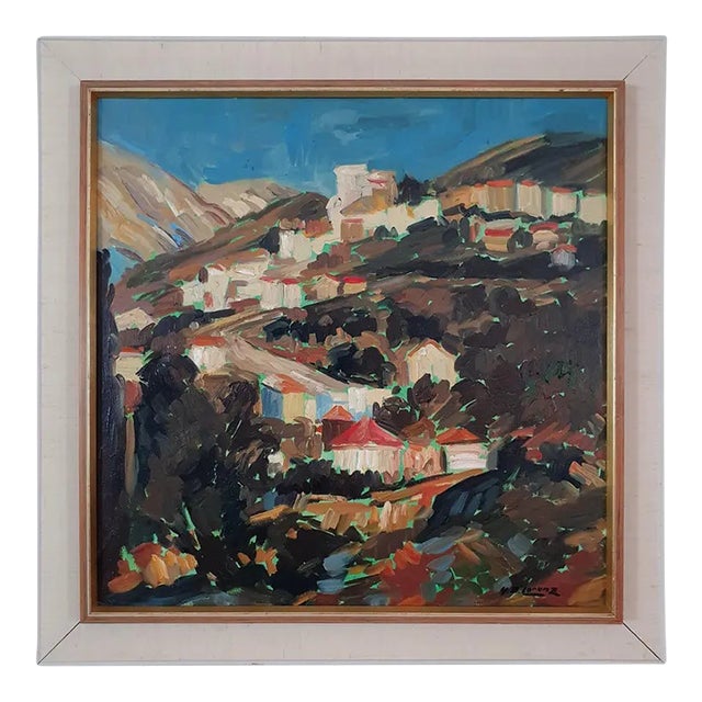 Mid Century Modernist Hillside Village Oil Painting by y.b. Lorenz For Sale