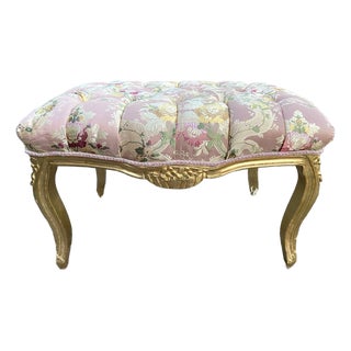 1980s French Louis XVI Gold Beech Pink Damask Bench For Sale