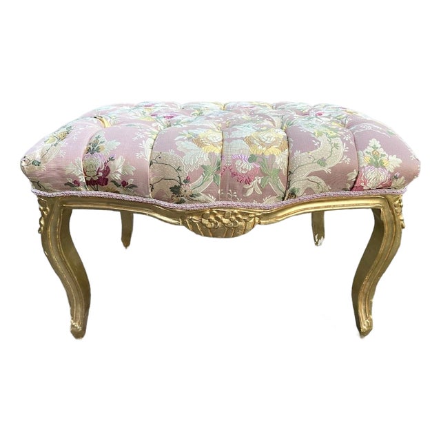 1980s French Louis XVI Gold Beech Pink Damask Bench For Sale