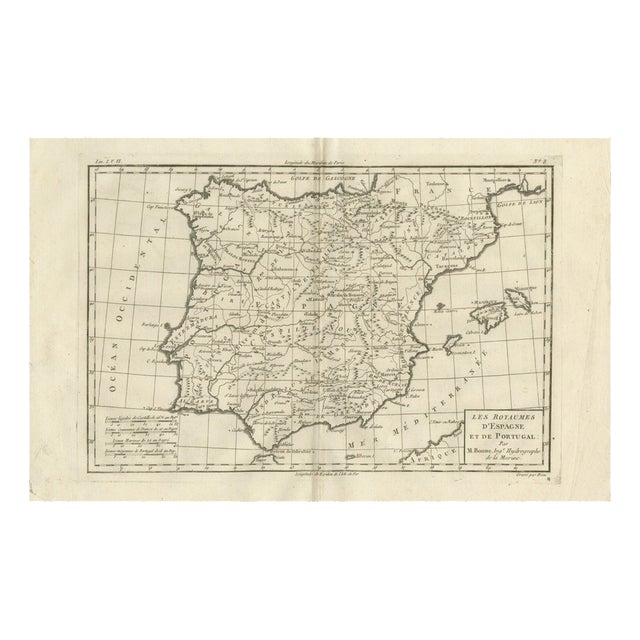 Spain and Portugal Map by Bonne, 1780 For Sale