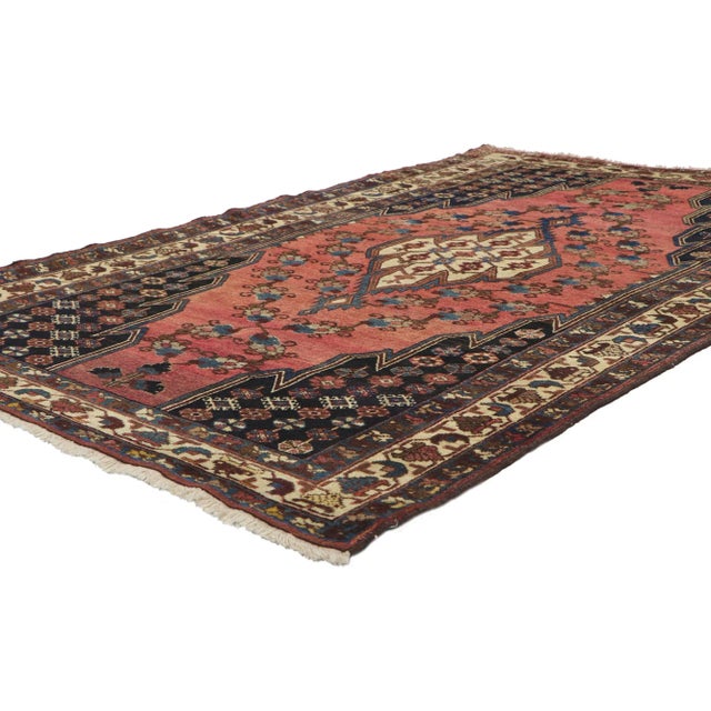 60966 Antique Persian Hamadan Rug, 04'01 x 06'05. Midcentury Modern meets tribal enchantment in this hand knotted wool...