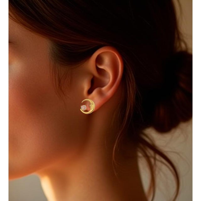 Opal, Crescent Moon Stud Earrings in 14k gold. Opal moon earrings. Moonface earrings. Rainbow opal earirngs. 14k gold...