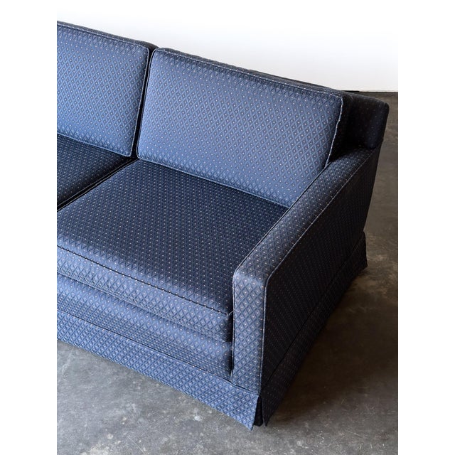 1960s Vintage Mid-Century Navy Jacquard Skirted Tuxedo Sofa For Sale - Image 9 of 18