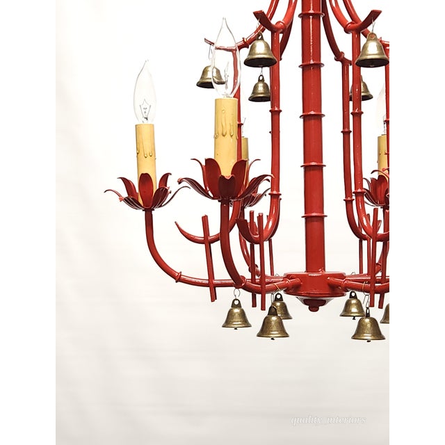 Red Fabulous Italian Tole Vintage Red Faux Bamboo Pagoda With Brass Bells Chandelier ~ Rewired ~ Restored ~ Rejuvenated For Sale - Image 8 of 12