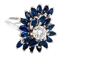 Diamond & Sapphire Swirl Design 14k White Gold Ring