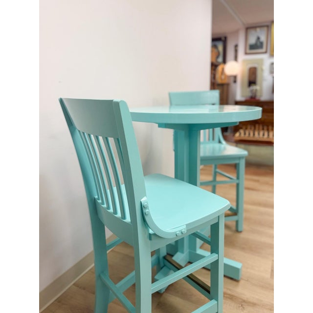 Turquoise Vintage Bistro Set Turquoise Blue Counter Height Table Two Chairs Outdoor/Indoor For Sale - Image 8 of 16