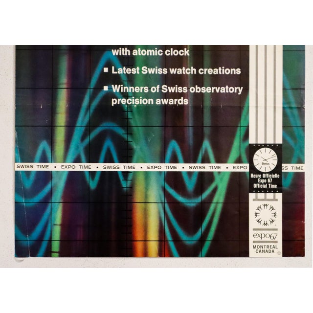 Mid-Century Modern 1967 Original Expo 67 Poster - Switzerland Times, Visit the Swiss Pavilion - Atomic Clock For Sale - Image 3 of 5