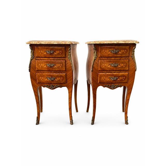 Pair of Louis XV style oak bedside tables. Marquetry. Excellent condition. Dimensions: Height 72 cm, Width 42 cm, Depth 27...