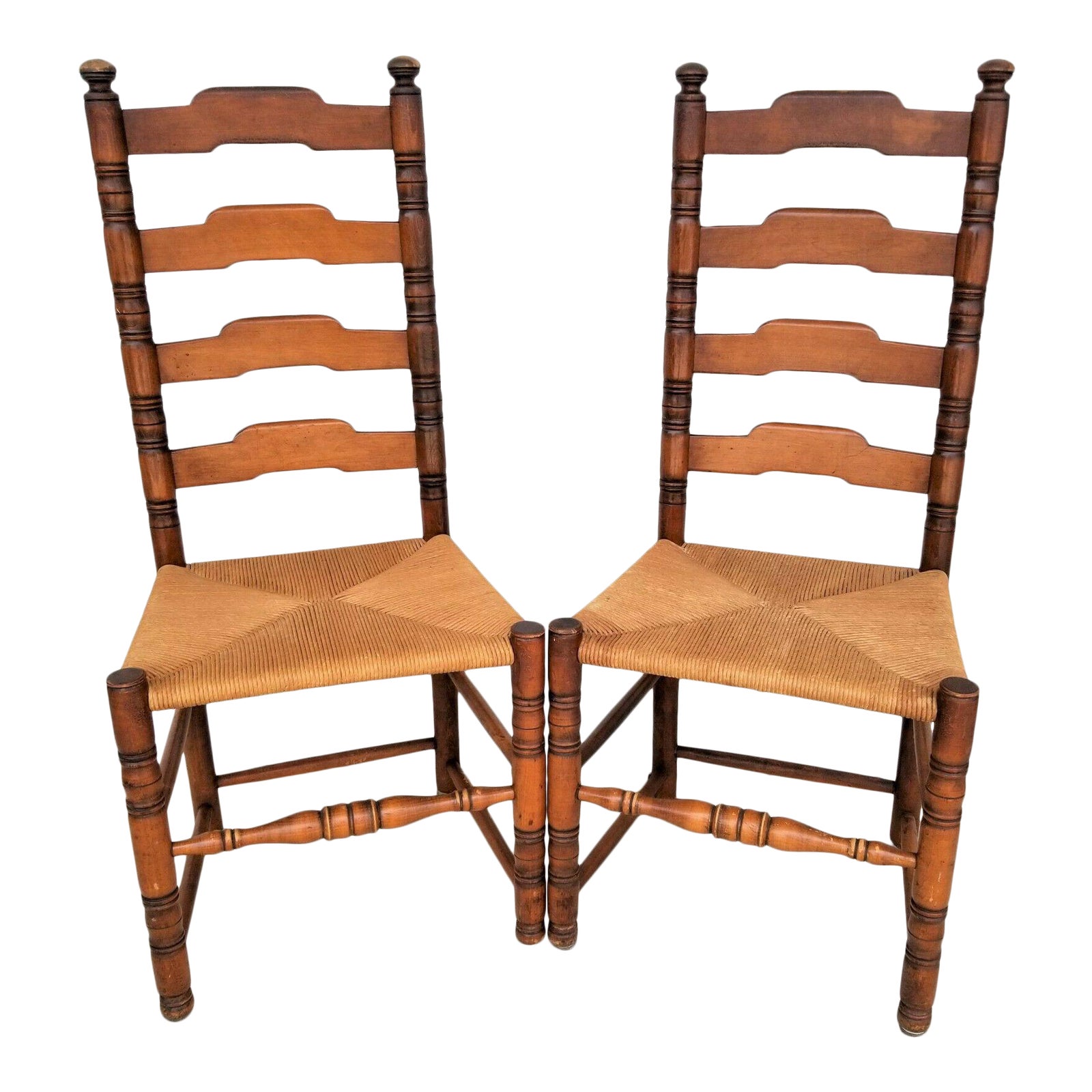 Vintage Rustic French Farmhouse Ladder Back Dining Accent Rush Seat