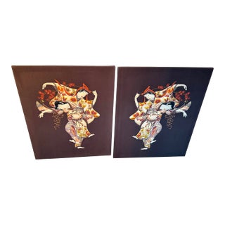 Pair of Vintage Isao Homma Japanese Geisha Textile Appliqué Art Relief Wall Panels, 1980 For Sale