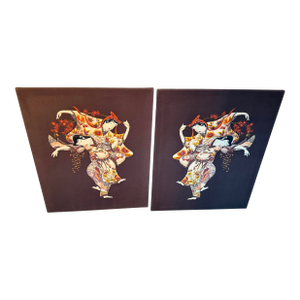 Pair of Vintage Isao Homma Japanese Geisha Textile Appliqué Art Relief Wall Panels, 1980