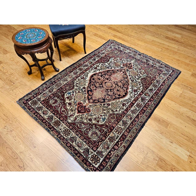 Cream 19th Century Persian Kerman Lavar Rug, Hand-Knotted Wool, Floral Design, Burgundy & Ivory, 4x6 For Sale - Image 8 of 18