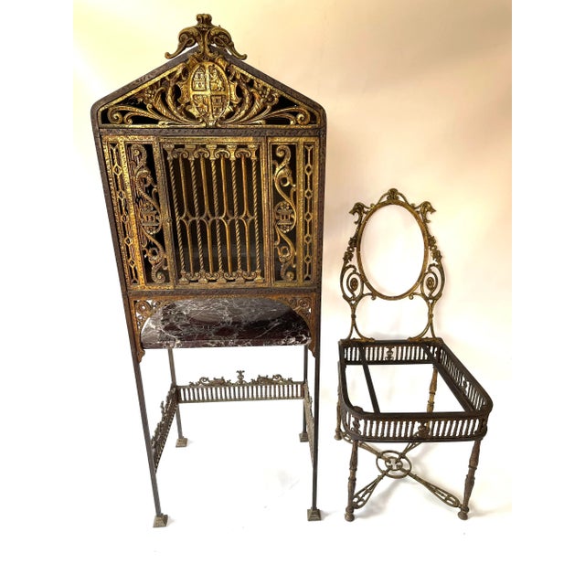 1920s Oscar Bach Gothic Revival Style Telephone Stand and Chair in Steel and Bronze - Set of 2 For Sale - Image 11 of 11