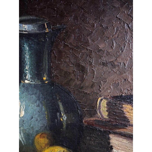 Rococo Vintage 20th Century J. Cordain Still Life Oil Painting With Pewter Jug and Books For Sale - Image 3 of 6