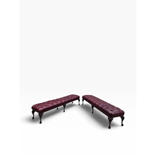 Modern Antique Chippendale Style Carved Tufted Benches Newly Reupholstered in Burgundy Leather- Pair For Sale - Image 3 of 12