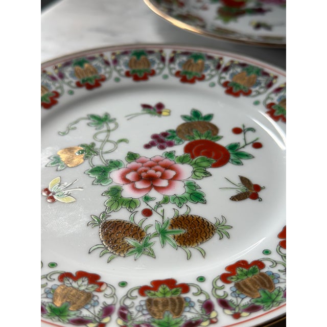 Chinoiserie Rare Vintage Jingdezhen Famille Rose "Pineapple & Butterfly" Porcelain Teacup Trio Set - 6 Pieces For Sale - Image 3 of 12