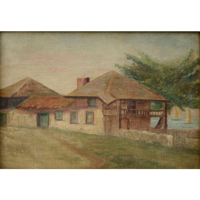 Monterey Customs House and Sailboats on the Bay by unknown California artist (American, 1930+-) Some age wear to paint....