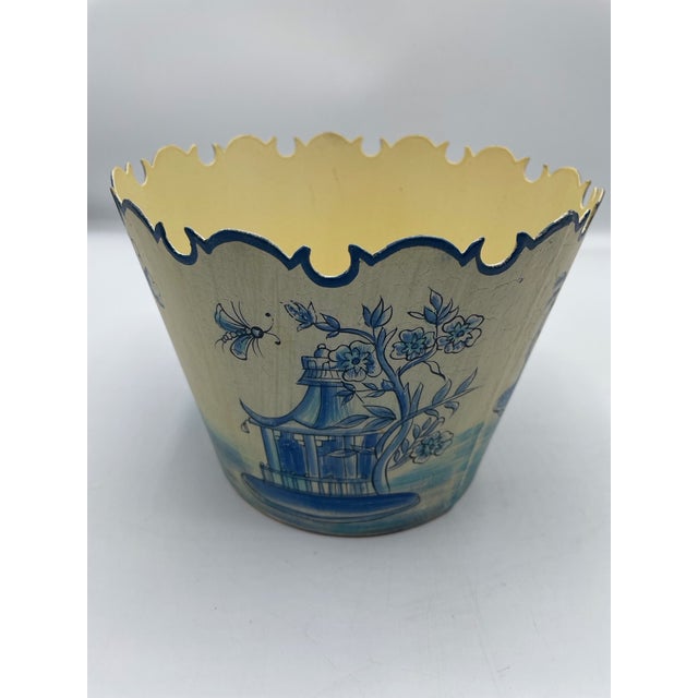 This offering is for a set of Scalloped Italian Hand Painted Toleware Chinoiserie Cream Metal Planters or Cachepots. Add a...