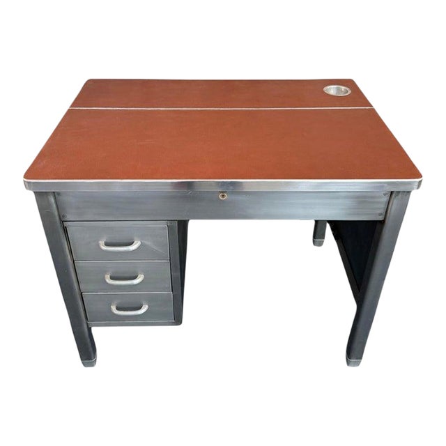 1940s Industrial Mid-Century Brushed Steel Military Desk With Leather Pop-Up Top For Sale