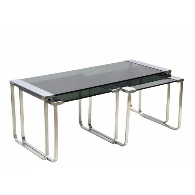 Silver Mid-Century Italian Chromed Metal, Aluminum, Smoked Glass Nesting Tables, 1970s, Set of 3 For Sale - Image 8 of 18