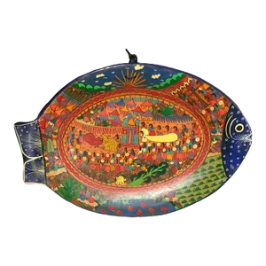Mid 20th Century Mexican Folk Art Wedding Scene Colorful Talavera Fish Wall Hanging Redware Platter