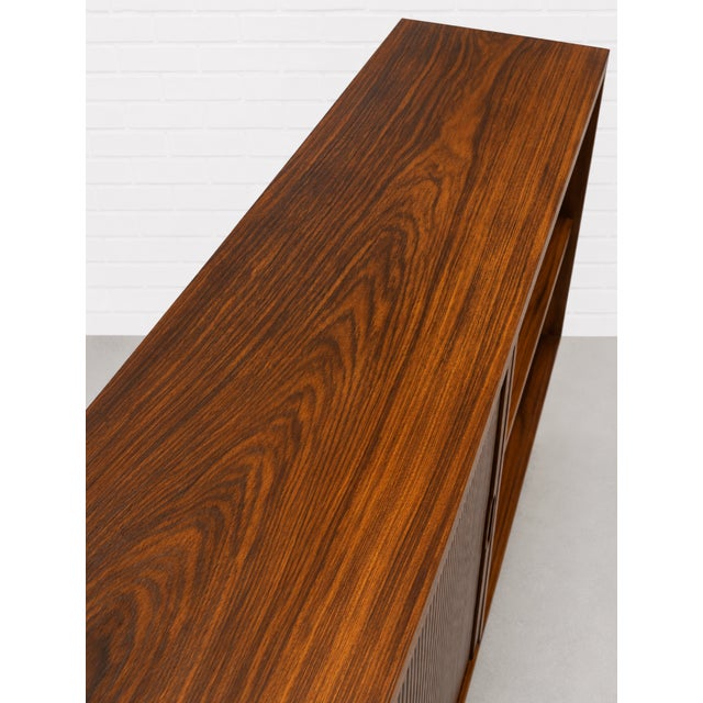 Danish Rosewood Mid Century Modern Credenza | Tambour Door Media Cabinet | Scandinavian Storage Console, C. 1960’s For Sale - Image 12 of 16