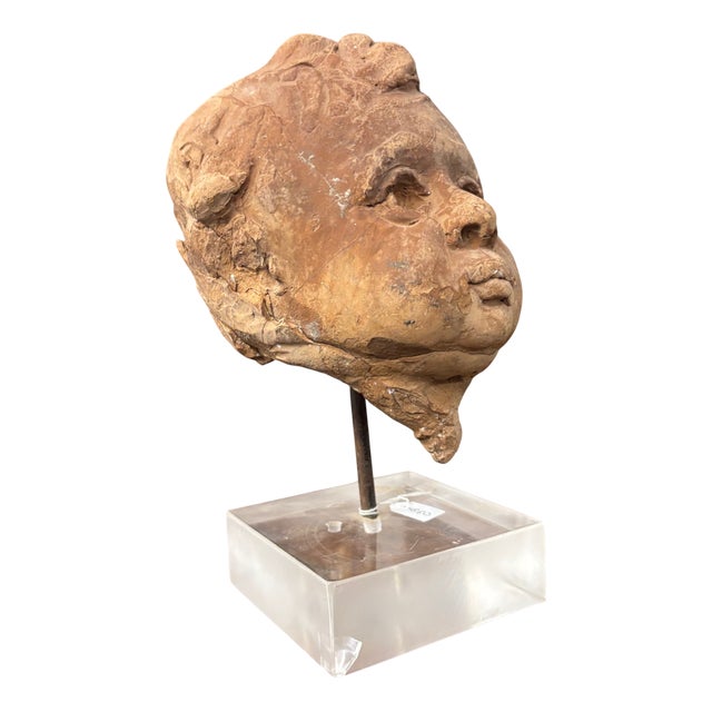 19th Century Terracotta Putto Angel Head Sculpture on Acrylic Base For Sale