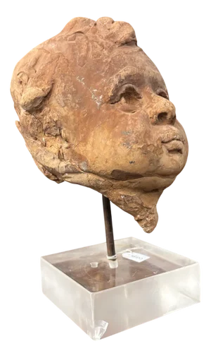 19th Century Terracotta Putto Angel Head Sculpture on Acrylic Base