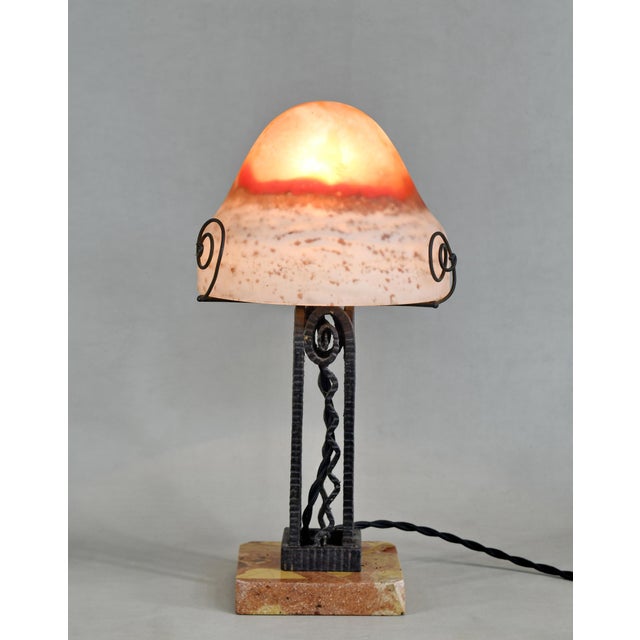 Pierre Maynadier & Lorrain Daum A wonderful French art deco lamp in wrought iron and marble made by Pierre Maynadier made...