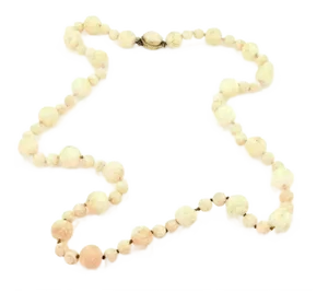Angel Skin Carved Coral 14mm Beaded Long Necklace With 14k Clasp
