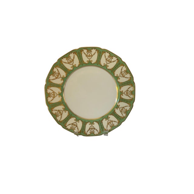 Royal Doulton Antique Royal Doulton Robert Allen Dinner Plates Mint Green Gold Gilt 10” Set of 12 (Dated 1916/1925) For Sale - Image 4 of 12